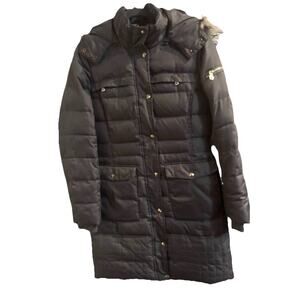 Sam Edelman Women’s Down Coat Sz M Gold Trim Faux Fur Trimmed Hood Winter Snow